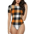 thumbnail image 1 of Balery Orange Plaid Body de cuello redondo de manga corta para mujer Tops de manga corta Tops básicos-Small, 1 of 7