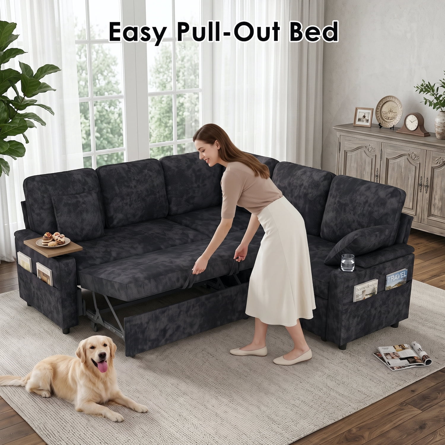 Xiweot 81" Modular Sectional Sleeper Sofa with Pull Out Couch, L Shaped Sofa Bed with Storage, Adjustable Backrest, USB Ports & Small Table, 5 Seaters Chenille Sofa for Living Room (Black)