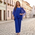 thumbnail image 6 of CIENVNSTG Mother Of The Bride Pant Suits Cold Shoulder Chiffon Ruffle Top And Wide Leg Pants Two Piece Pant Suit Wedding Guest Outfit Blue M, 6 of 8
