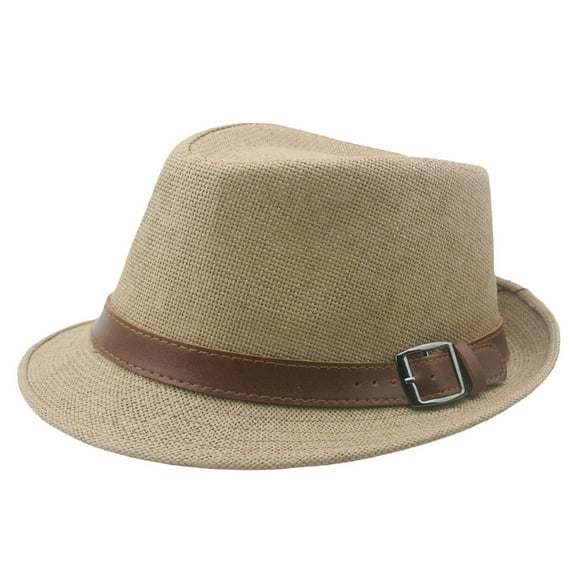 Fewfanhot Woven Fedora Hat for Men Women, Breathable Lightweight Trilby Hat with Leather Belt Buckle Classic Vintage Sun Hat for Daily Wear Party Wedding Gift