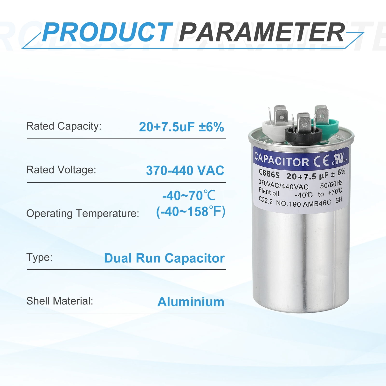Uxcell CBB65 Capacitor, 20+7.5uF 370-440 VAC 50/60Hz Aluminium CBB65 Air Conditioner Motor Starting Round Capacitor for HVAC Systems, Air Conditioner, Heat Pump