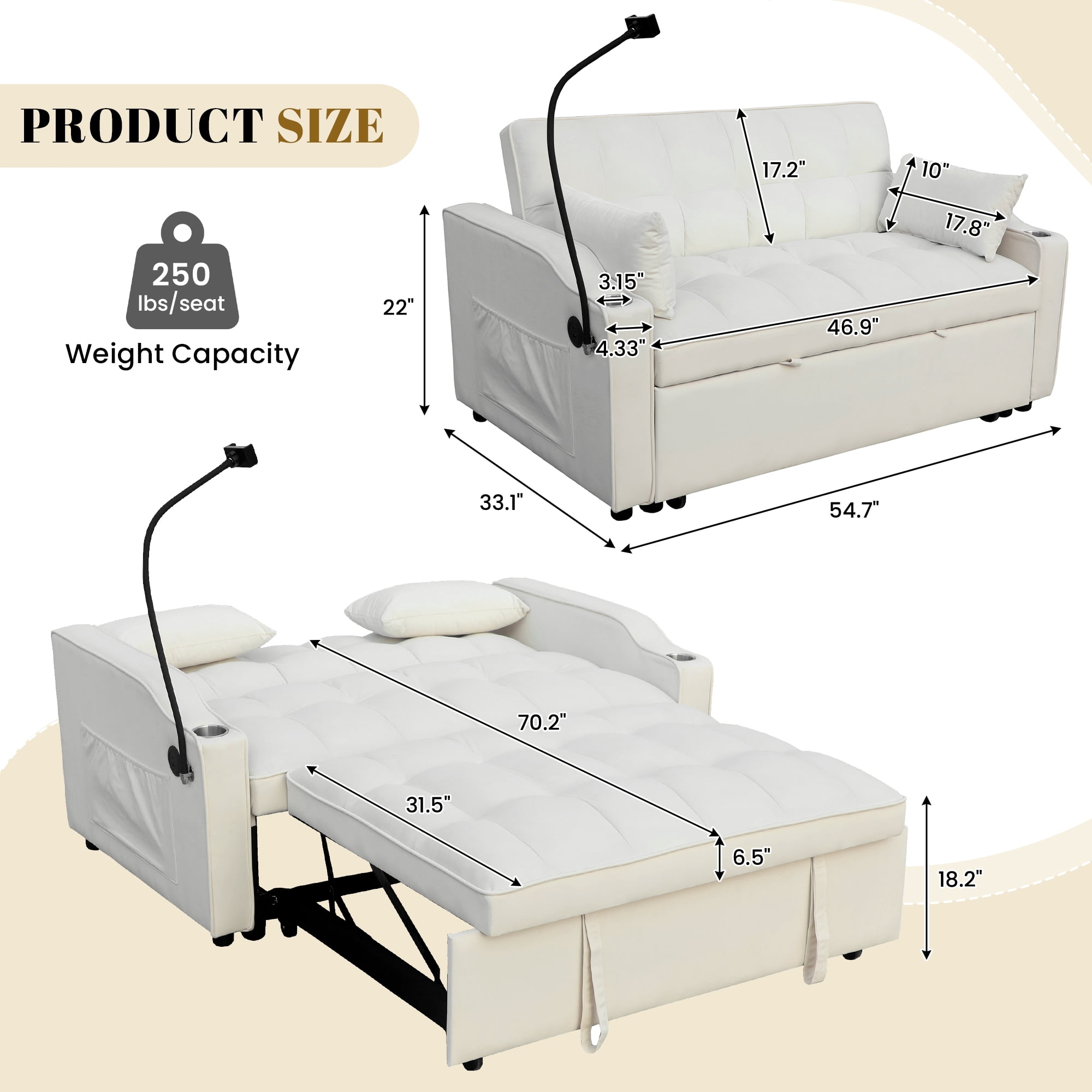Dinosisco 3-in-1 Convertible Loveseat Sleeper, 55" Futon Sofa Bed with Phone Stand, USB, Beige Velvet