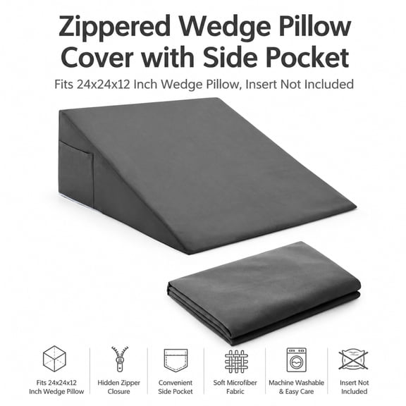 Dark Grey Bed Wedge Pillow Cover, Zippered Wedge Pillow case Protector Witg Side Pocket for Storage, 24" L x 24" W x 12" H (Pillow Not Included)