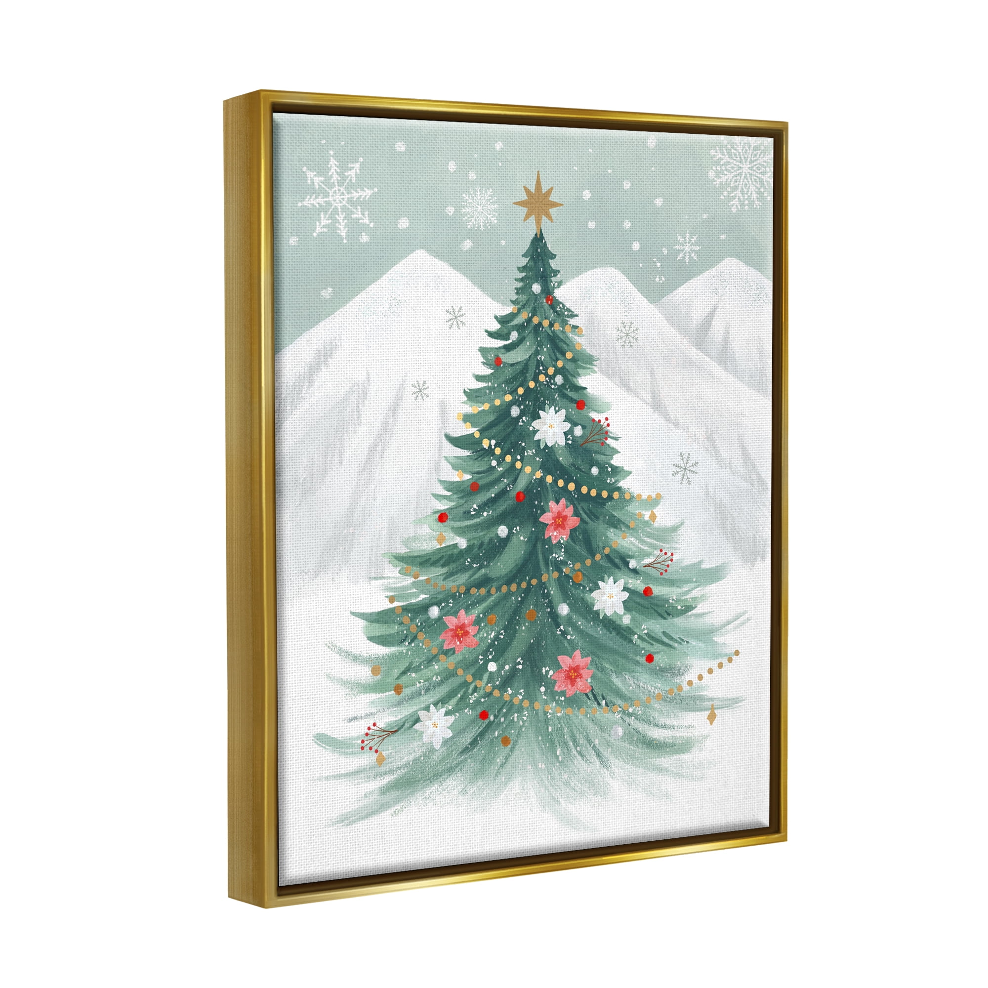 Stupell Industries Subtle Christmas Tree in Snow Holiday Painting Gold Floater Framed Canvas Art Print Wall Art, 25 x 31