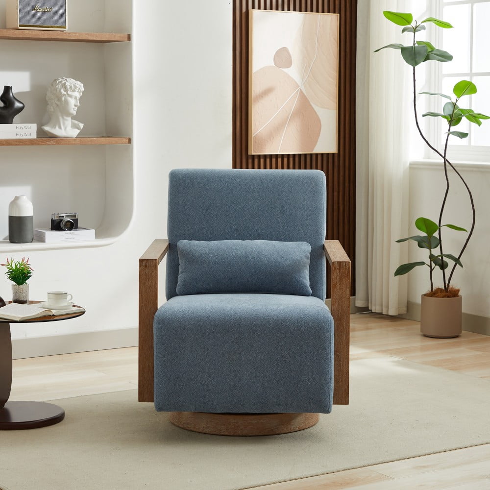 Swivel Accent Chair, 360 Degree Modern Upholstered Lounge Chair with Solid Wood Armrests, Linen Blend Fabric, Comfy Reading Chair for Living Room, Bedroom & Office, Blue