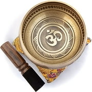 Tibetan Singing Bowl Set - Easy To Play - Om Design For Meditation Sound Chakra Yoga Healing 4 Inches By Himalayan Bazaar Gold & Yellow