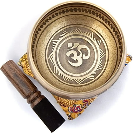 Tibetan Singing Bowl Set - Easy To Play - Om Design For Meditation Sound Chakra Yoga Healing 4 Inches By Himalayan Bazaar Gold & Yellow