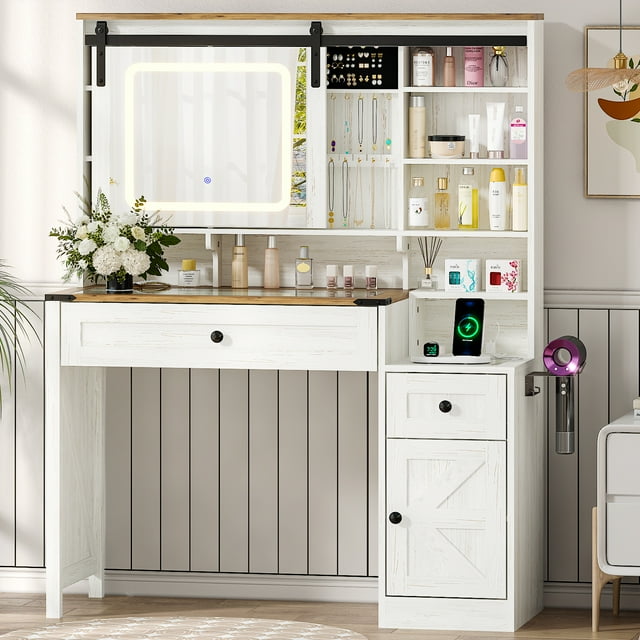 Ktaxon Farmhouse Makeup Vanity with Sliding Barn Door, Vanity Table Set w/ Lighted Mirror, Washed White
