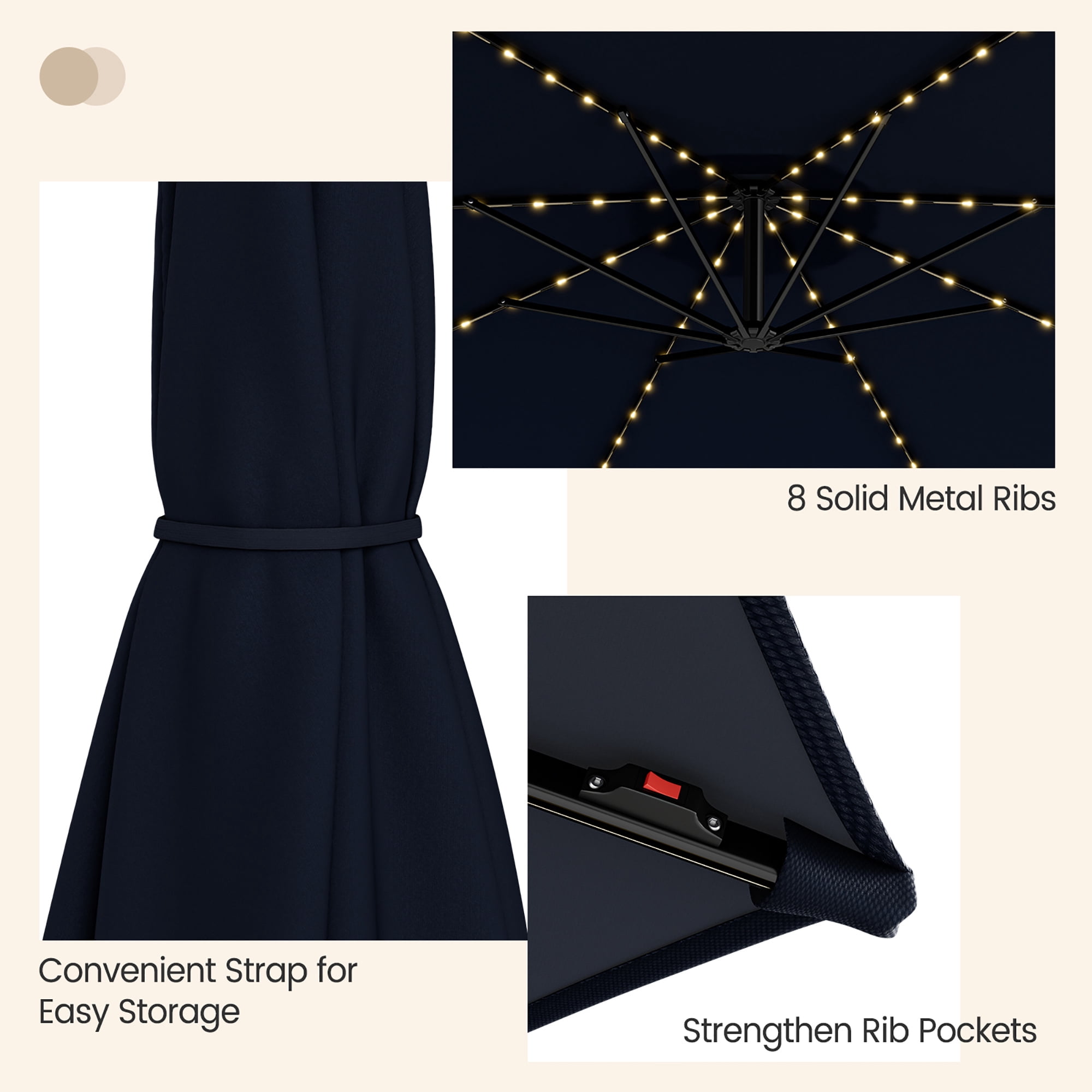 Gymax 10 FT Offset Patio Umbrella Solar Powered Cantilever Umbrella w/ 112 LED Lights Navy