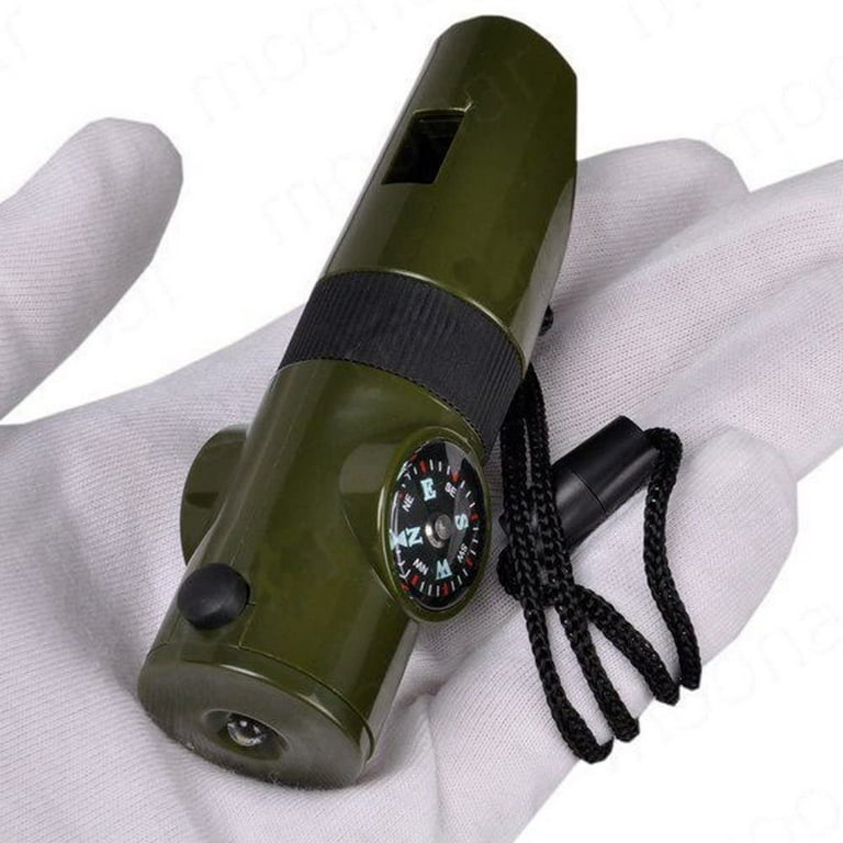 7 In 1 Emergency Survival Whistle Compass Multi-tool Magnifier Flashlight  Storage Container Thermometer Camping Hiking (1 Piece, Green)