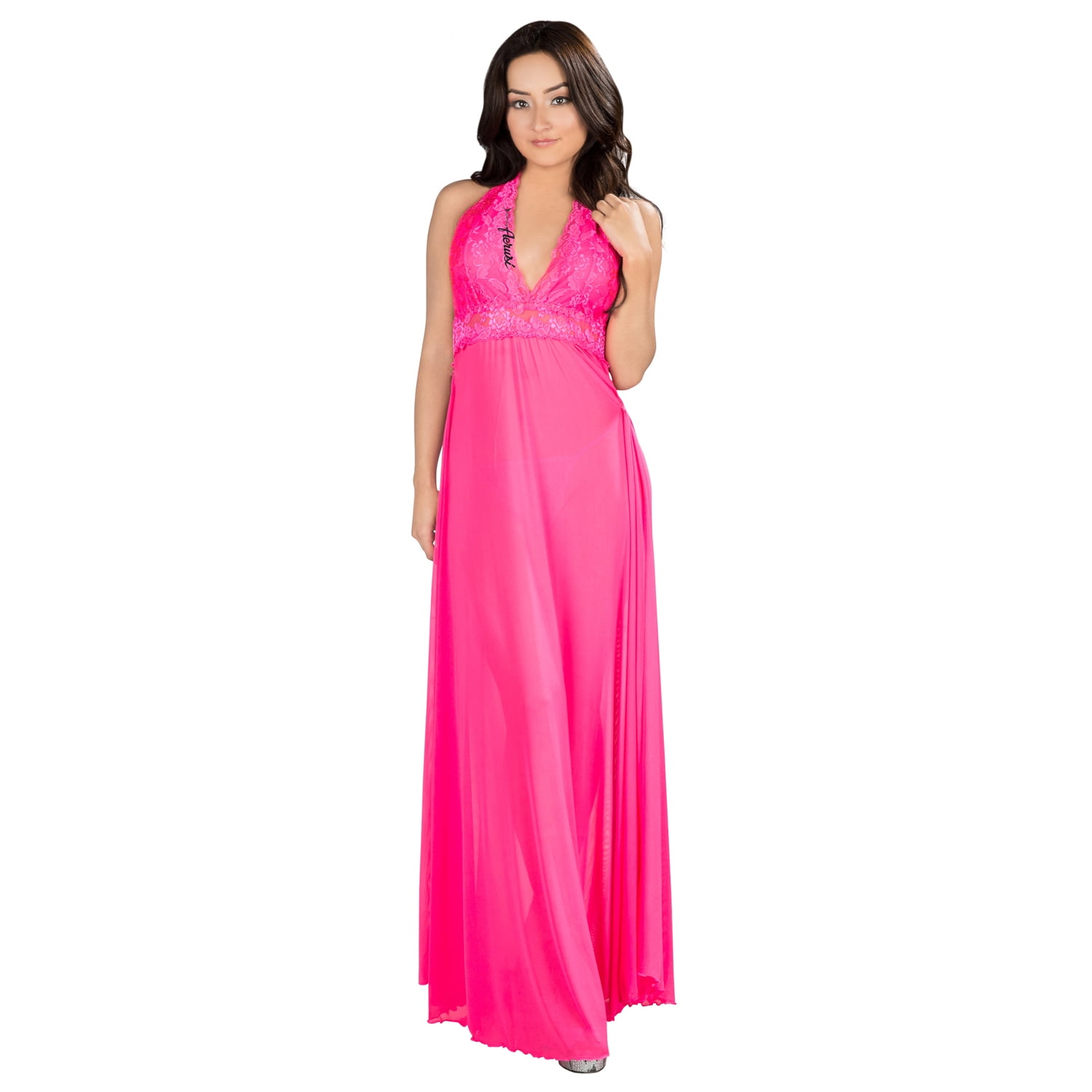 Women's Adult Lingerie Night Wear Floral Lace Night Gown With Halter Neck