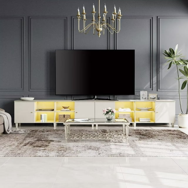 WAMPAT Mid Century Modern LED TV Stand Set of 2, Linen White Entertainment Center for up to 100 Inch TV Console with Storage Cabinets for Living Room Bedroom, Yellow Lights