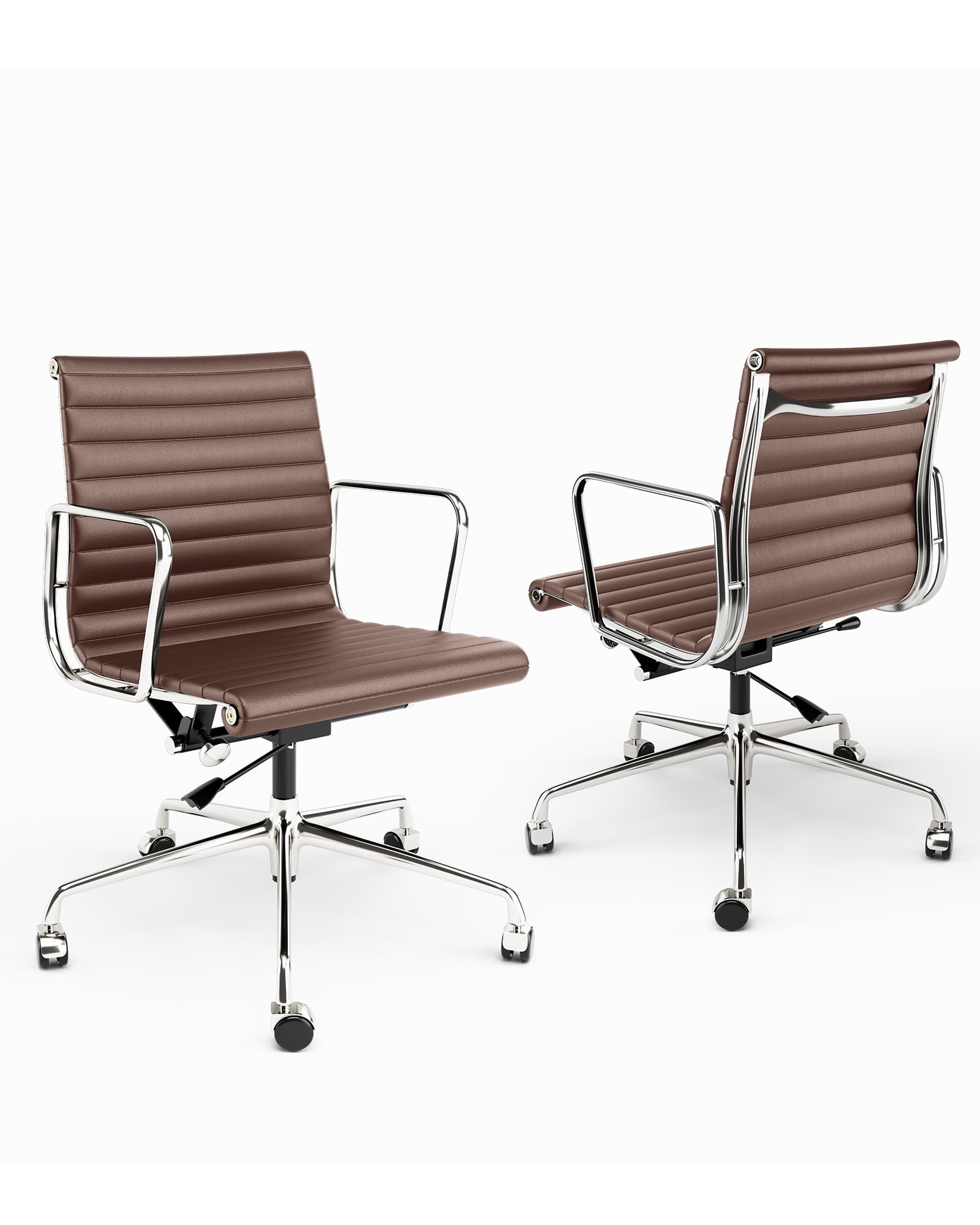 Cottinch Mid Back Ribbed Genuine Leather Office Chair Adjustable  Ergonomic Computer Chair for Home Office,Brown