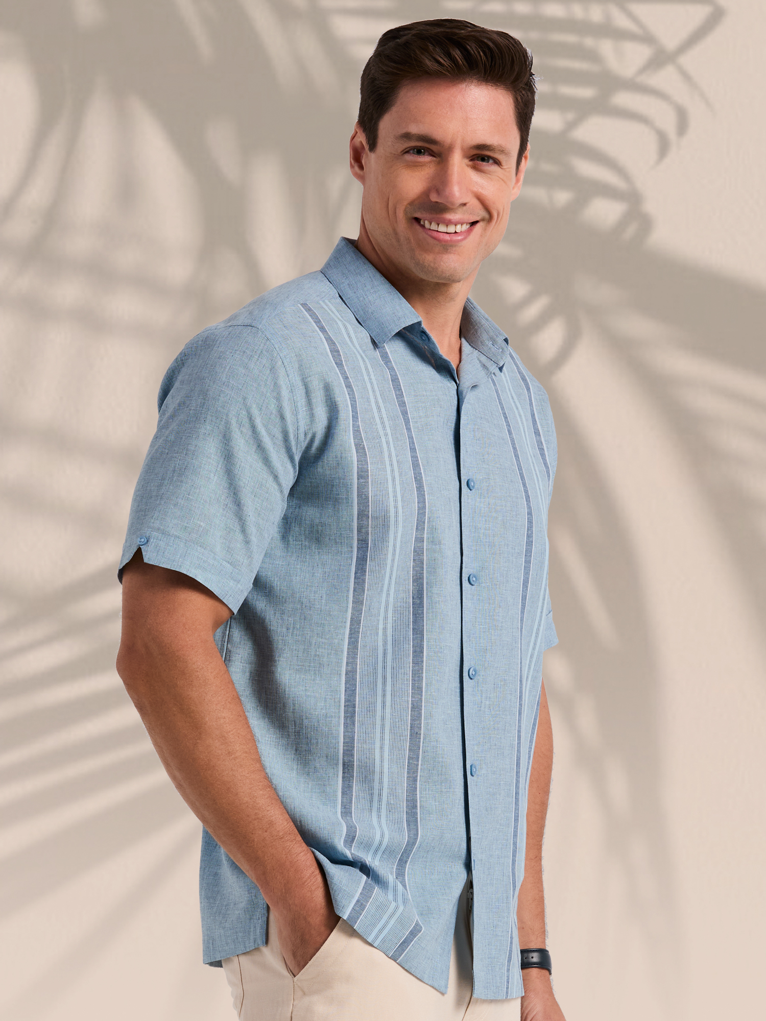 Havanera Men's and Big Men's Yarn Dyed Panels Short Sleeve Linen Cotton Button-Down Shirt, Sizes S-5XL