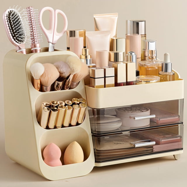 Organizador de maquillaje HBlife con portaescobillas para tocador, color beige