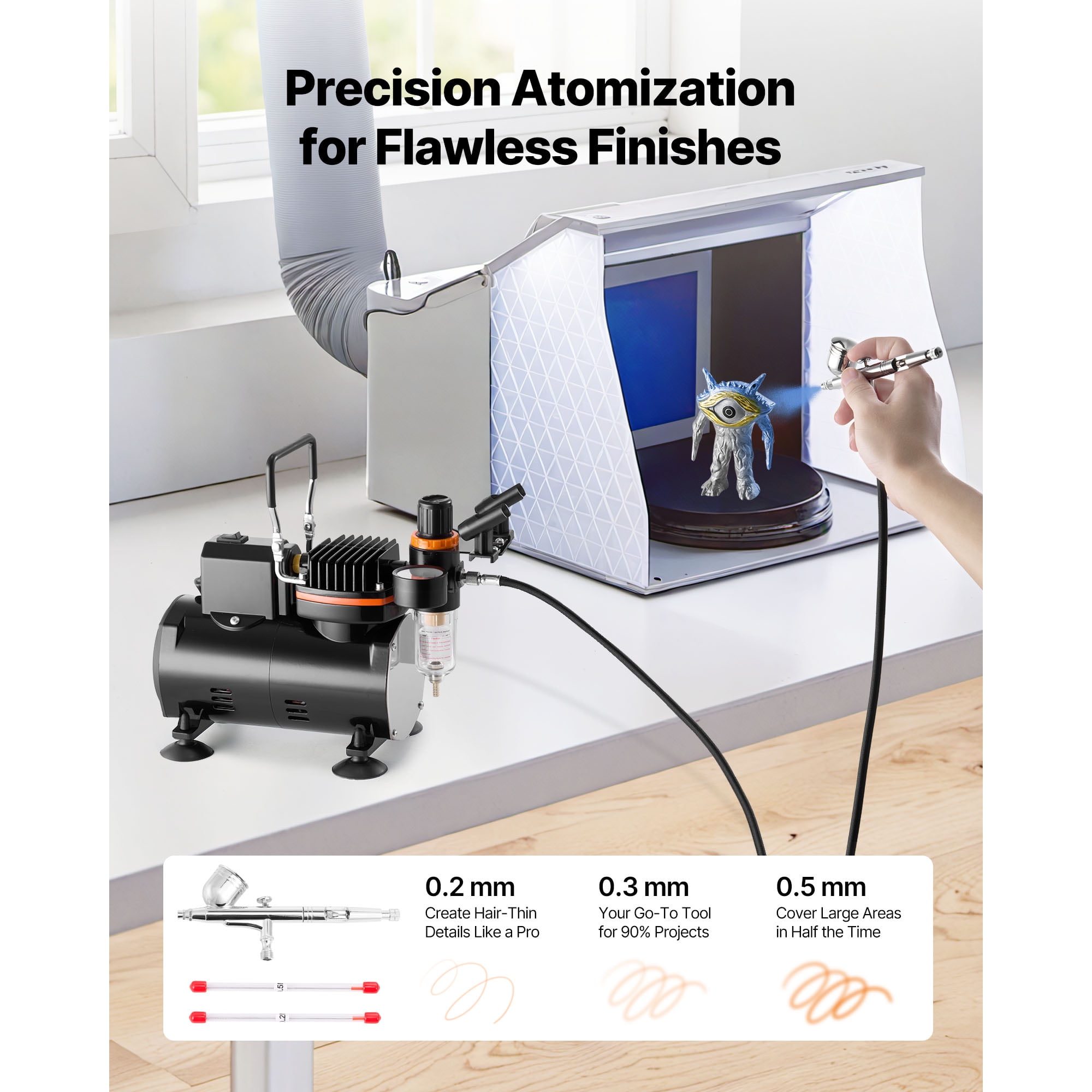 KFFKFF Airbrush Kit with Compressor, 1/6 HP, Includes Dual-Action Airbrush, 3 Nozzles, Hose, Holder, Cleaning Tools, Quiet Operation, Ideal for Cake Decorating, Model Painting, and Nail Art
