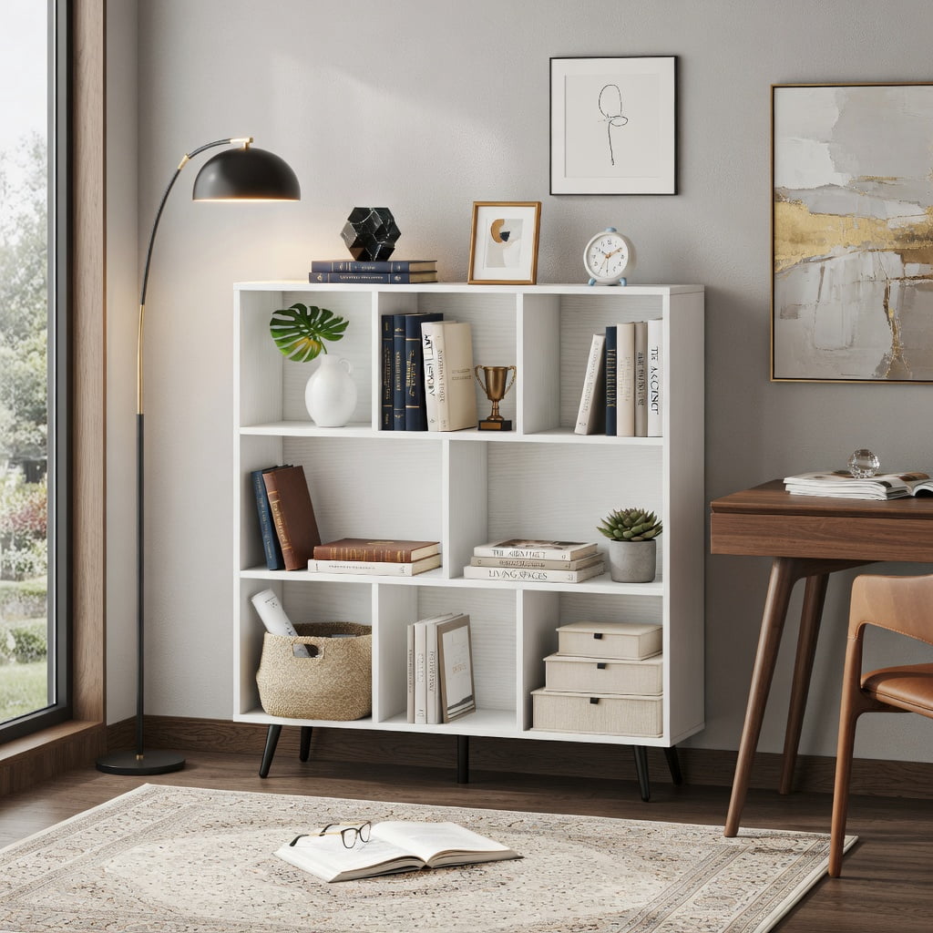 Spaco 8-Cube Bookcase - 5 Tapered Metal Legs Anti-Tip, Easy-Clean Surface, White