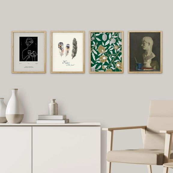 PixonSign Framed Wall Art Greek Statue Bust Bird Feather Plants Posters, Set of 4 Abstract Geometric Illustrations Wall Decor, Adhesive Canvas Prints for Home Decor - 8"x10" Natural