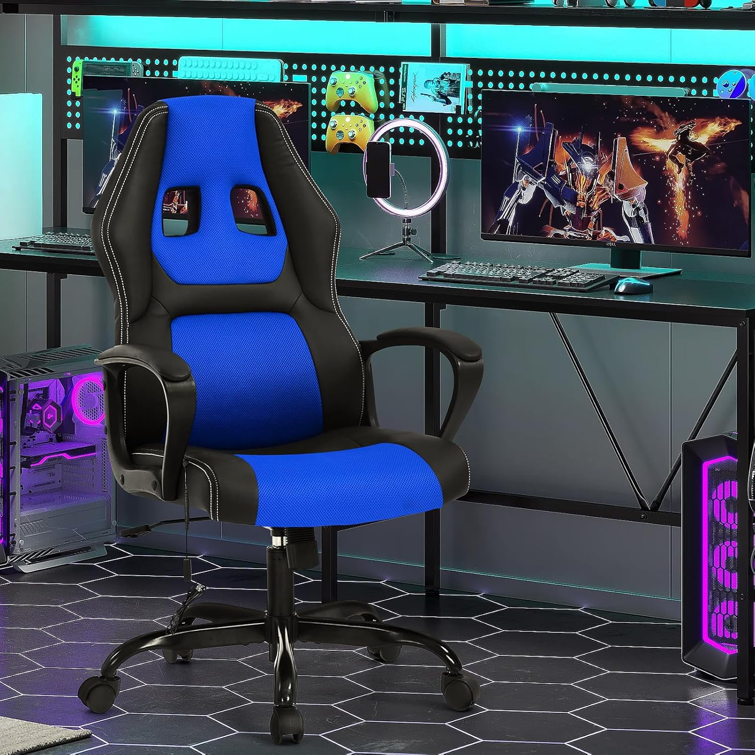 Dkelincs Gaming Chair Massage Computer Chair Ergonomic Video Game Chairs, Adjustable Office Desk Chair with Lumbar Support & Armrest for Teens & Children, Blue