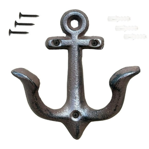 KiaoTime (Rusty Brown Vintage Rustic Cast Iron Nautical Anchor Design Wall Hook Coat Hook Rack, Decorative Wall Mounted Antique Shabby Chic Metal Home Bath Room Towel Coat Hook Hanger