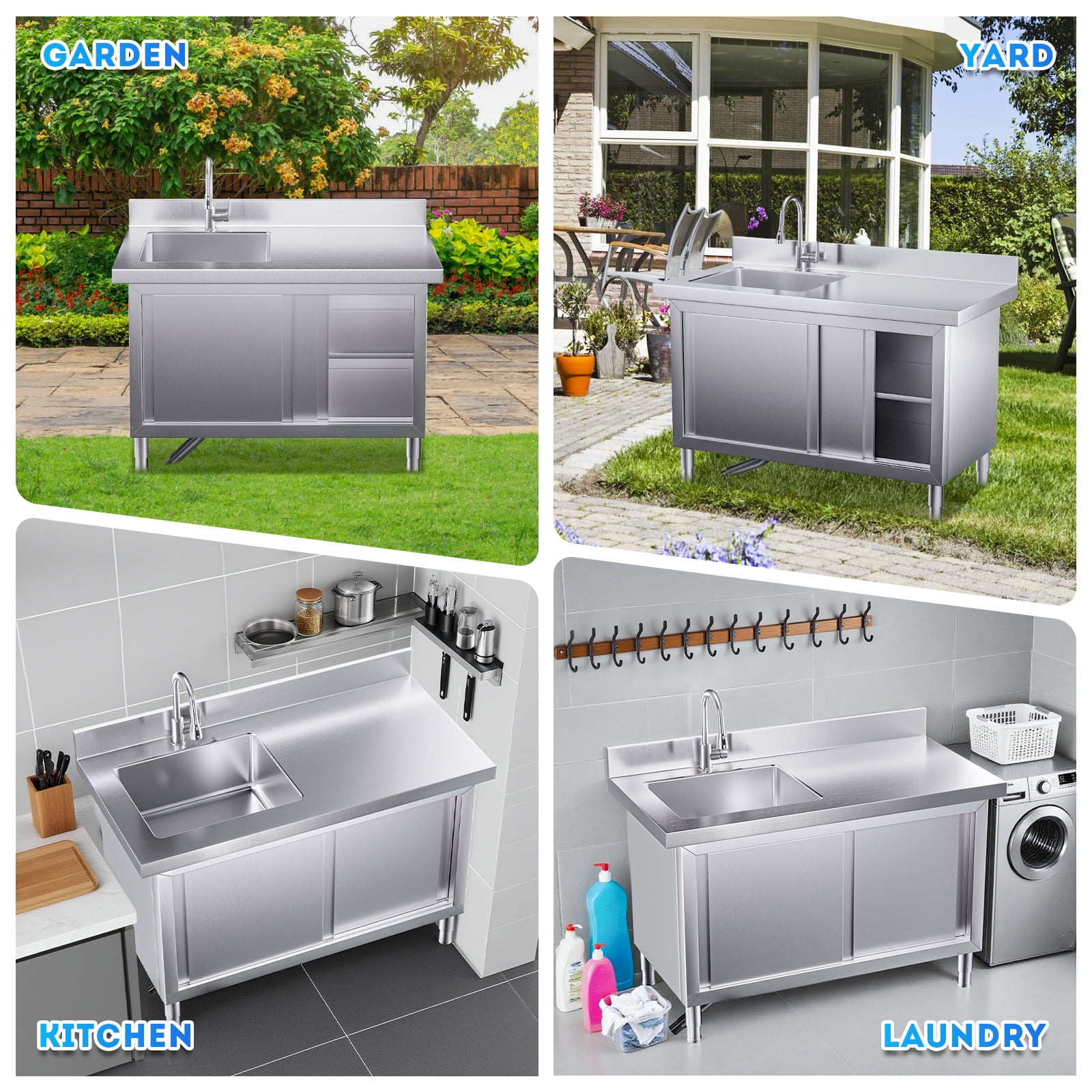 Gaonala 43.3in Outdoor Stainless Steel Utility Sink 2-Tier Cabinet Pull-out Faucet Workbench for Kitchen Office School