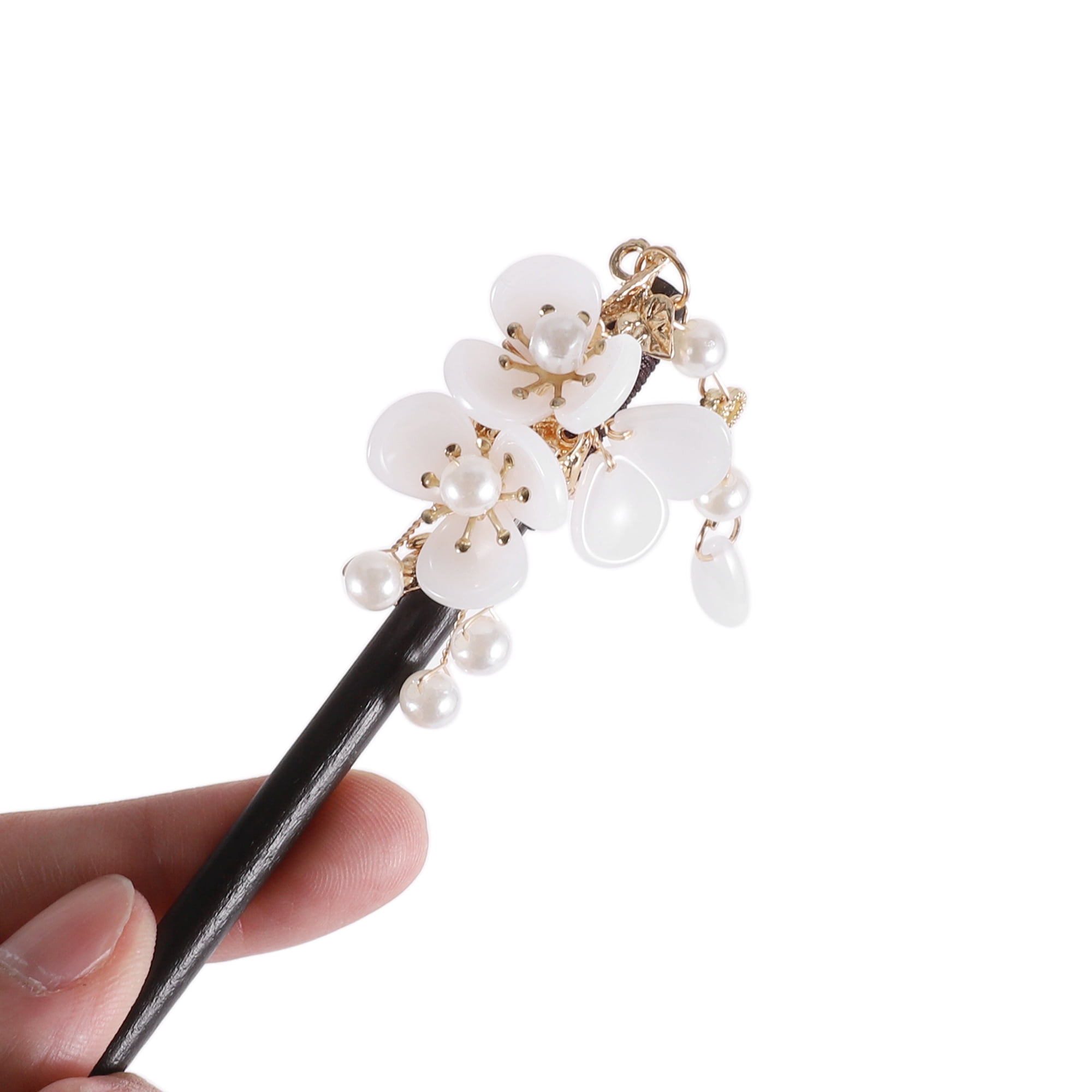 Unique Bargains Three-petal Flower Tassel Hair Chopstick for Women 1 Pc Black, White