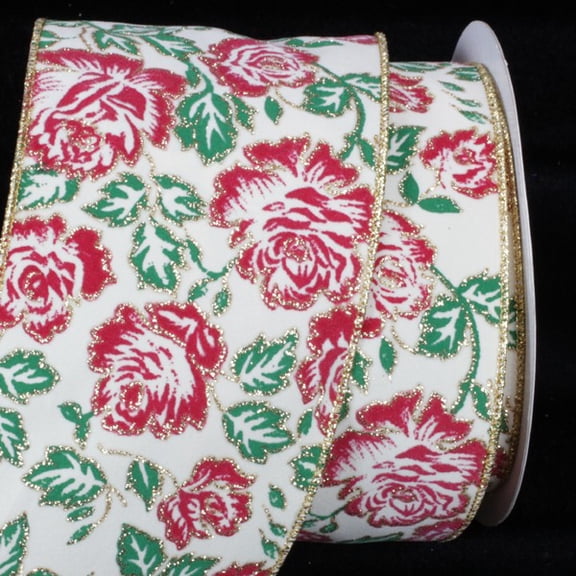 The Ribbon People Ivory and Red Rose Wired Craft Ribbon 4" x 20 Yards