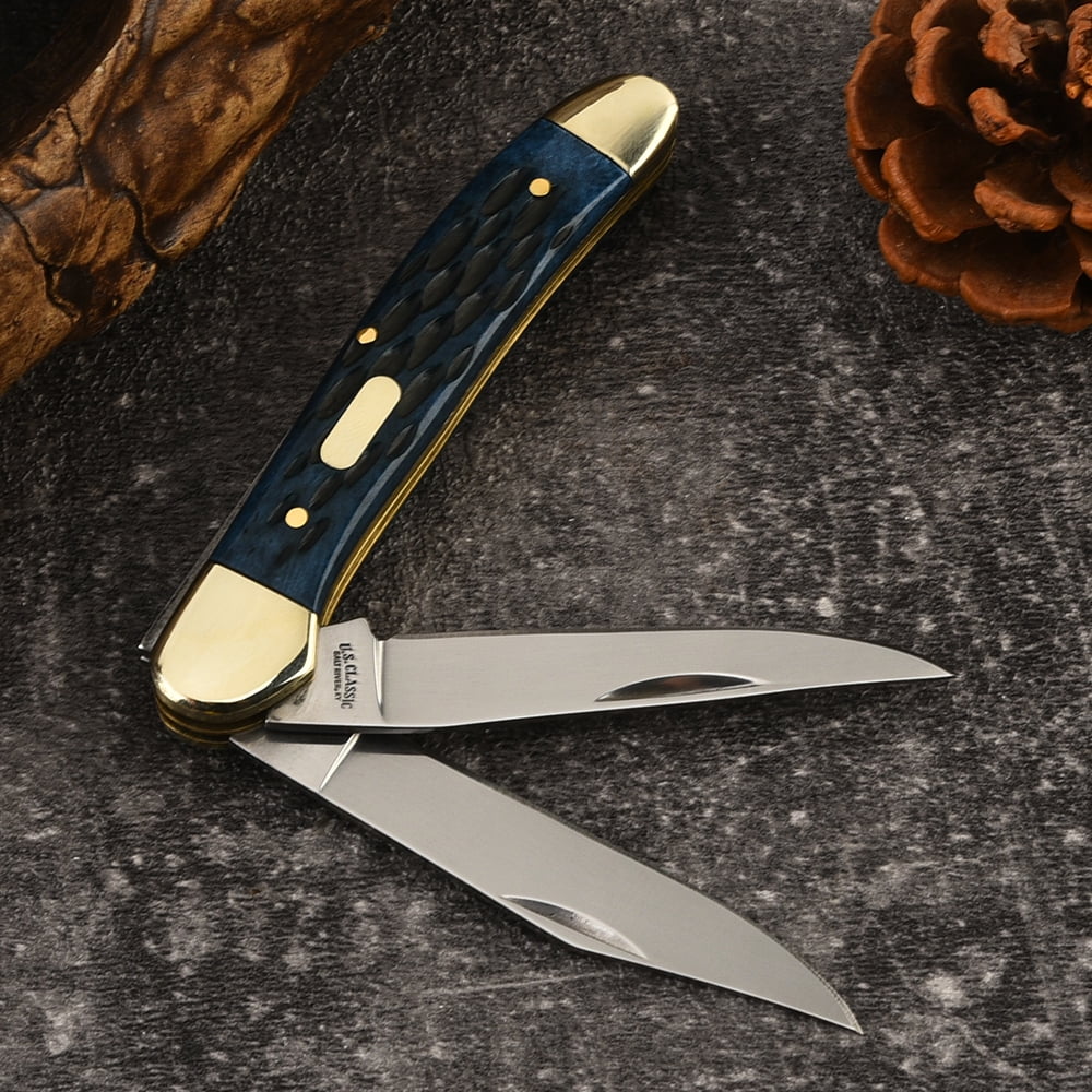 Dual Blades Hand Forged Folding Knife, Blue Cow Bone Handle Heavy Duty EDC Survival Gear for Camping Hiking, Gift for Outdoor Enthusiasts