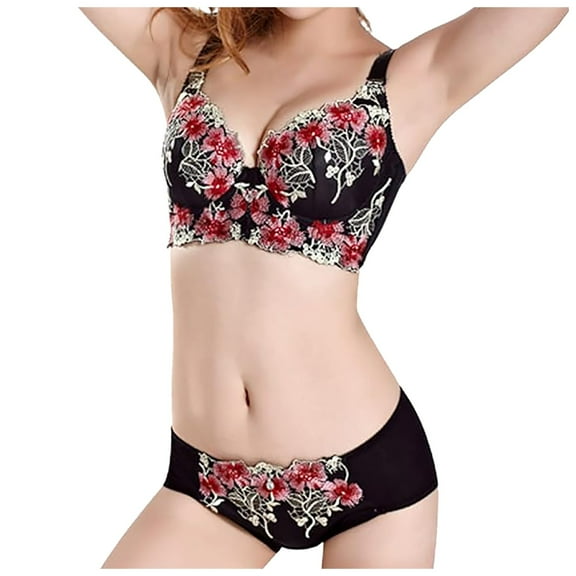 oqasdz Lingerie Sets for Women Sexy Embroidered Adjustable Straps Underwear Sleepwear Gathering Bra Set