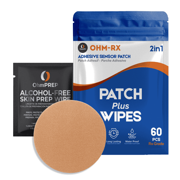 OhmRx Libre 3 & Libre 3 Plus Adhesive Patch OHM PREP Skin Prep Wipe – Waterproof CGM Overpatch Combo Pack, Hypoallergenic, Pre‑Cut Design (Tan, 2‑in‑1 Set)