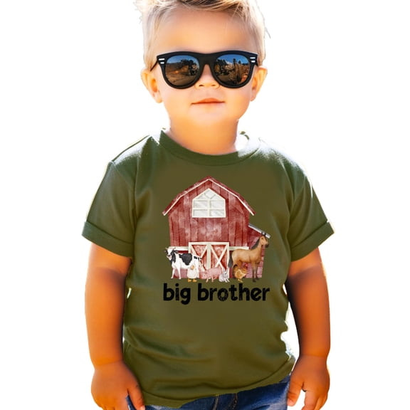 Big Brother Barn Farm Animals Shirt for Sibling Reveal Baby Announcement Outfits Military Green Shirt Youth Small
