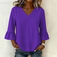 thumbnail image 6 of ClodeEU Women's V Neck 3/4 Flare Sleeve Blouse,Casual Solid Color Ruffle Cuff Top Purple,Women's Plus S, 6 of 8