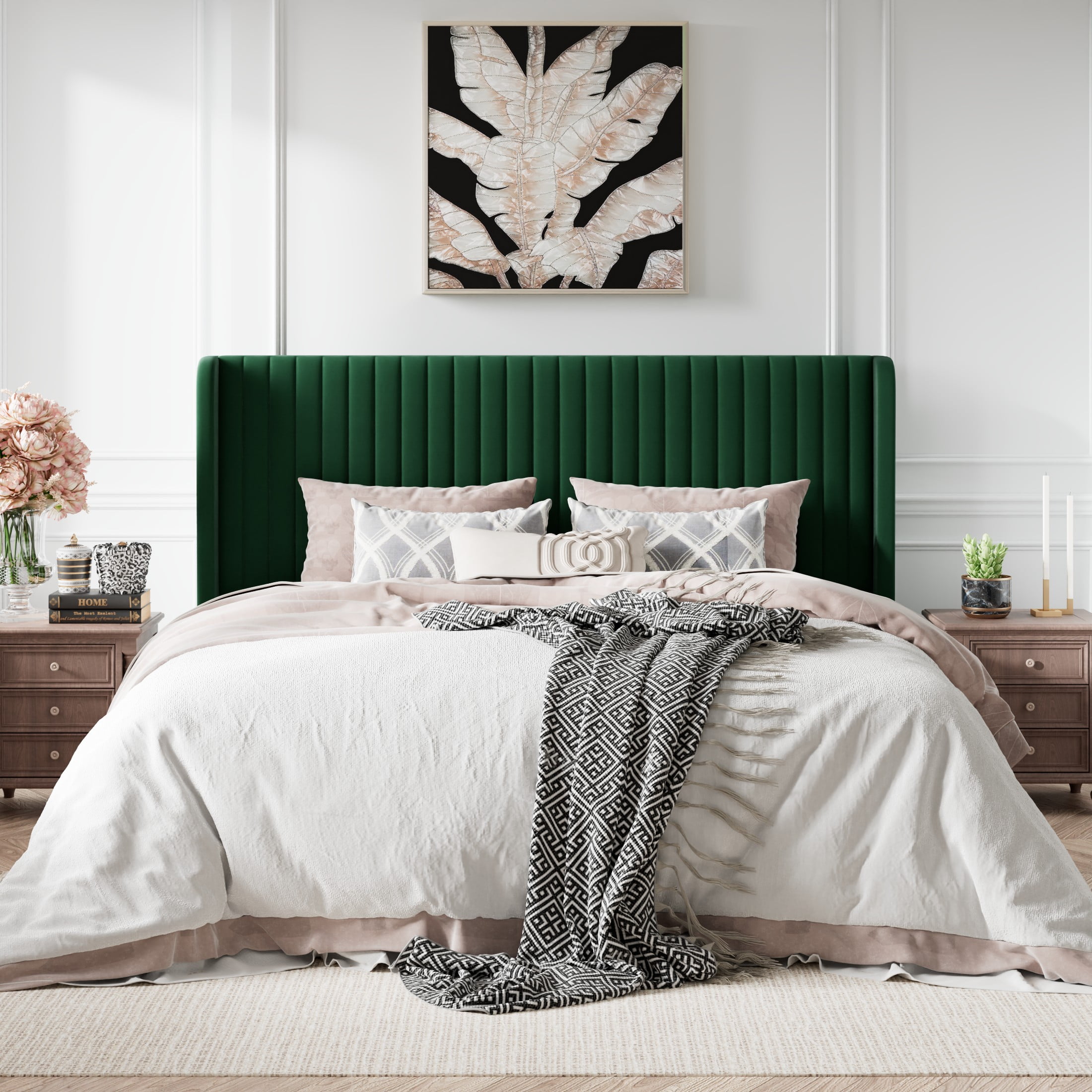 Amolife King Size Bed Frame with Wingback Headboard, Velvet Vertical Stripe Upholstery, Green  (图2)