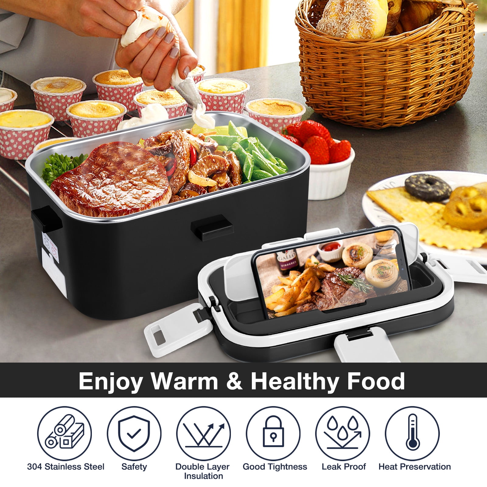 Livhil Electric Lunch Box Food Heater, Portable Food Warmer, Hot Lunch Warmer Heated Lunch Box for Adults, 60W 1.8L 12V-24V 110V Stainless Steel Container Portable Food Heater (Black+White)