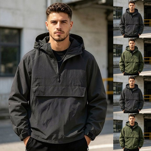 VeFlora Men's Active Solid Jackets, Lightweight Anorak Coat Tops -Half-Zip, Hooded, Elastic Hem, Spacious Pocket, Durable Fabric, Versatile Streetwear(Black/S)