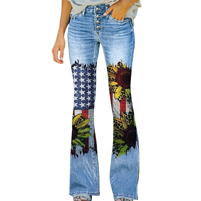 Womens Pants Bootcut Distressed Flag Pattern D Denim Print Casual Flower Print Denim Jeans Trousers for Women Black L