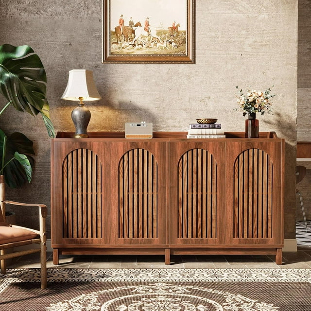 Tribesigns Buffet 57 Pouces, Armoire de Rangement Style Ferme avec Portes à Persiennes et Étagère Réglable, Marron