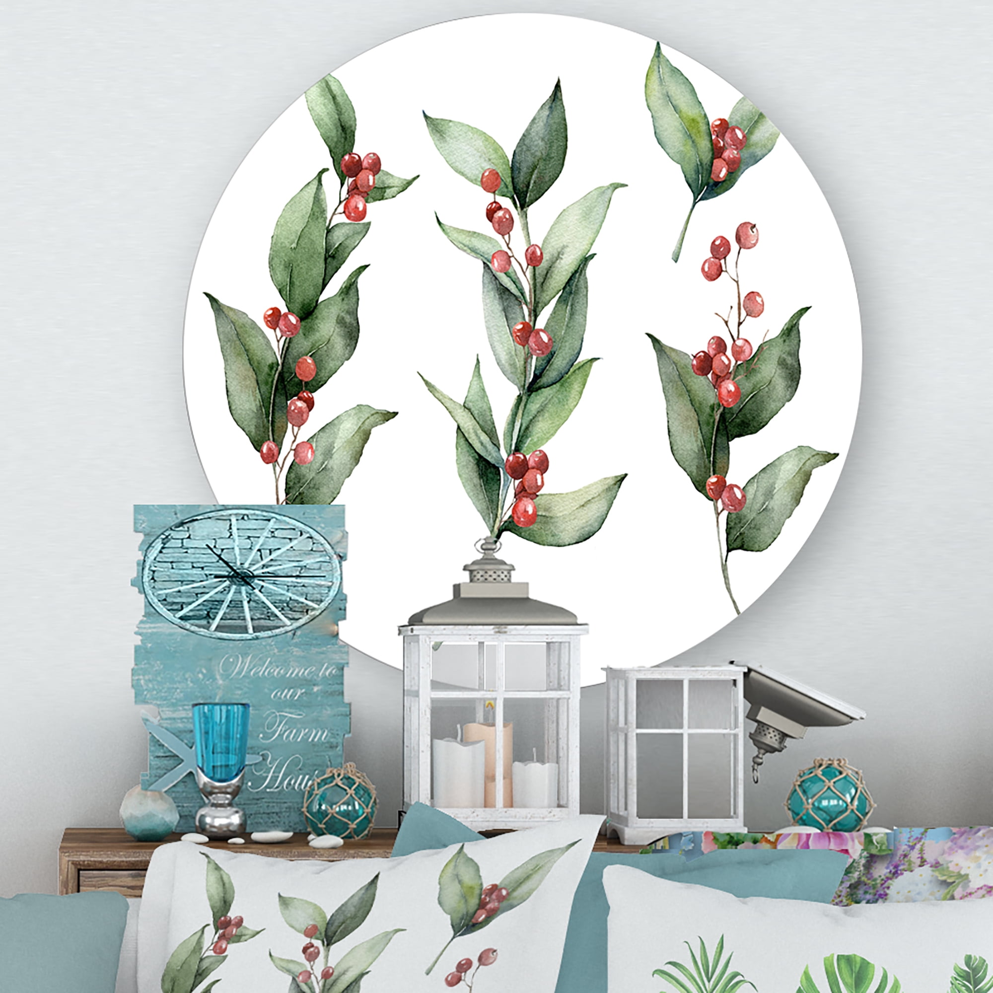 Designart 'Christmas Set Red Berrie With Branches' Traditional Circle Metal Wall Art 23x23 - Disc of 23