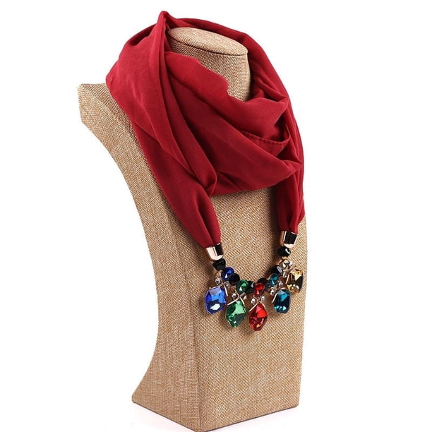 Bufanda de gasa con perlas de espejo y collar de aleación para mujer, bufanda de primavera, otoño e invierno