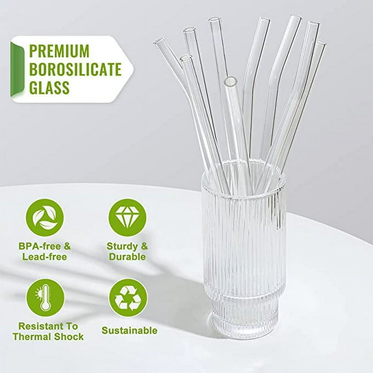 Roofei Glass Smoothie Straws, 7.8 x 10 mm Long Reusable Clear Drinking  Straws, Pack of 8 with 2 Cleaning Brushes.