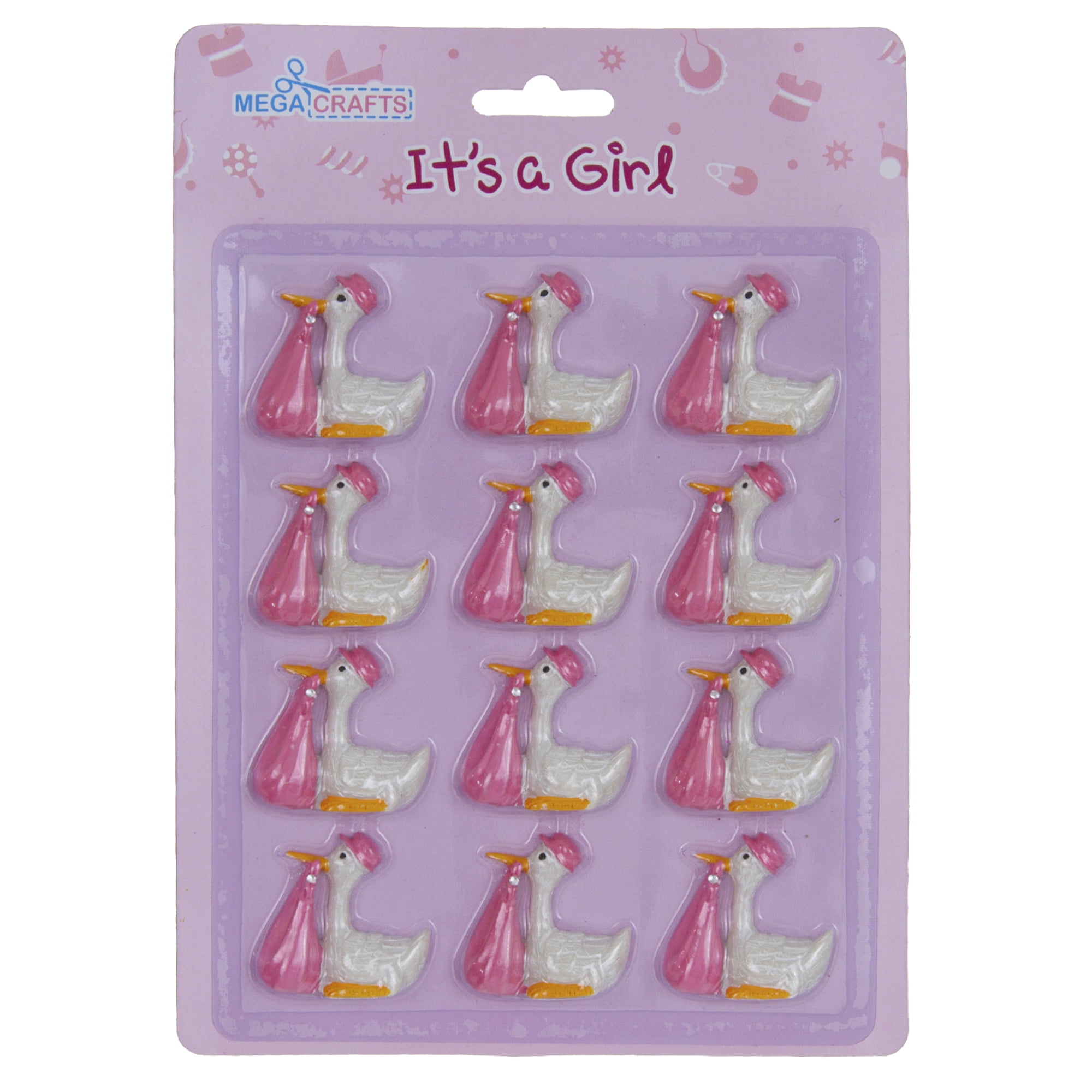 Mega Favors Keepsake Figurine 12 pcs Baby Girl Stork Poly Resin Embellishments | Awesome Decorations or Party Favors | for Pregnancy Announcements, Gender Reveals, Birthday and Special Celebrations