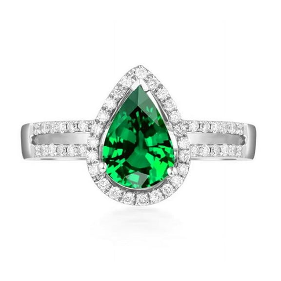 Halo Art Deco Green Emerald 8x5mm Pear Cut 1.75 Carat Moissanite Diamond Engagement Ring in 10k White Gold
