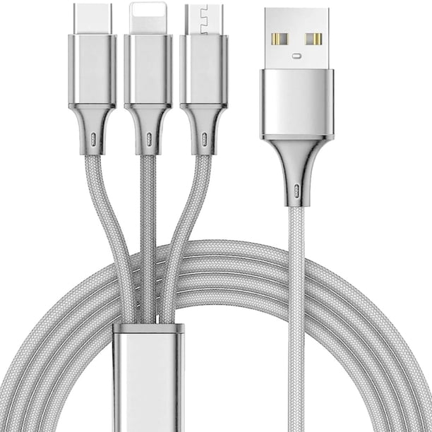 Cable de Carga USB Múltiple de 10 Pies 3A, Conector de Cable de Carga Rápida 3 en 1 con Adaptador de Puerto USB Dual/tipo C/Micro, Compatible con Tabletas Teléfono 12 11 Pro 8 7 6 Samsung Galaxy (10 Pies) Negro