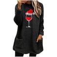 thumbnail image 1 of Pisexur Fuzzy Chandails de Noël pour Femmes Doublés en Molleton à Manches Longues à Col Rond Chandail d'Hiver Chaud Imprimé Verres de Vin Rouge Chandail de Noël à Enfiler Hauts avec Poches, 1 of 4