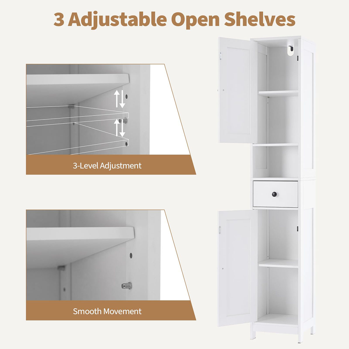 Ataucjin 68 Inch Narrow Storage Cabinet for Bathroom,Over Toilet Storage Cabinet, Tall Bathroom Cabinet with Drawer & Open Shelf,Adjustable Shelves, Water-Resistant for Toilet Tank, Laundry Room