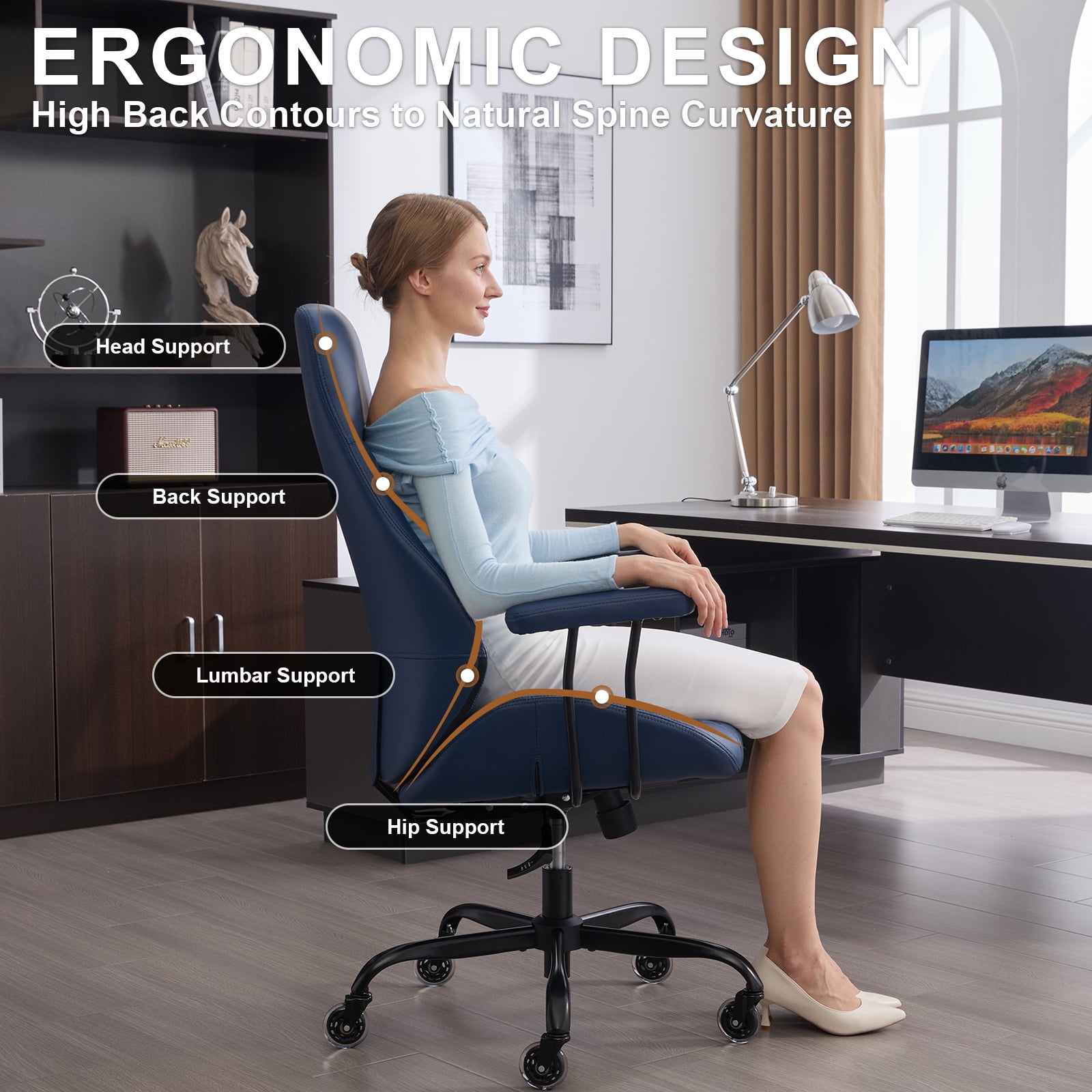 E-Motie Home Office Desk Chair, Ergonomic High Back Leather Computer Chair with Lumbar Support, Adjustable Height & Recline, Swivel Executive Office Chair with Armrests and Rubber Casters, Blue