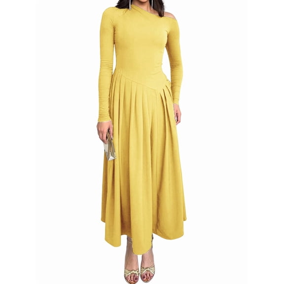 Women'S Fall Long Sleeve Wedding Guest Dresses One Shoulder Elegant Formal Pleated Midi Maxi Dress Yellow M