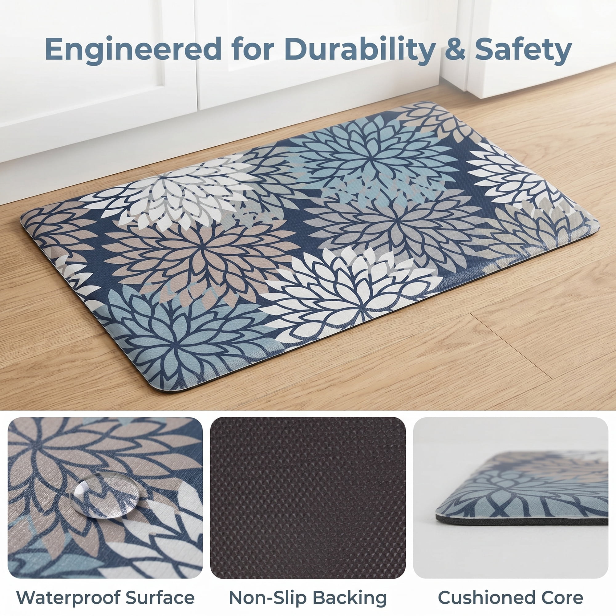Unique Bargains Ergonomic Kitchen Mats Blue Flower 30" x 17"