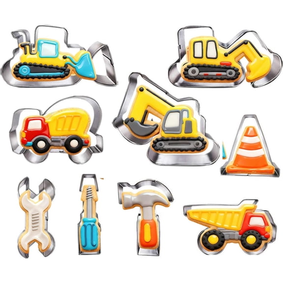 Construction Cookie Cutter Set-3 Inches-9 Piece- Excavator Digger Bulldozer Dump Truck Hammer Wrench Construction Tools Cutters Molds for Kids Construction Themed Party