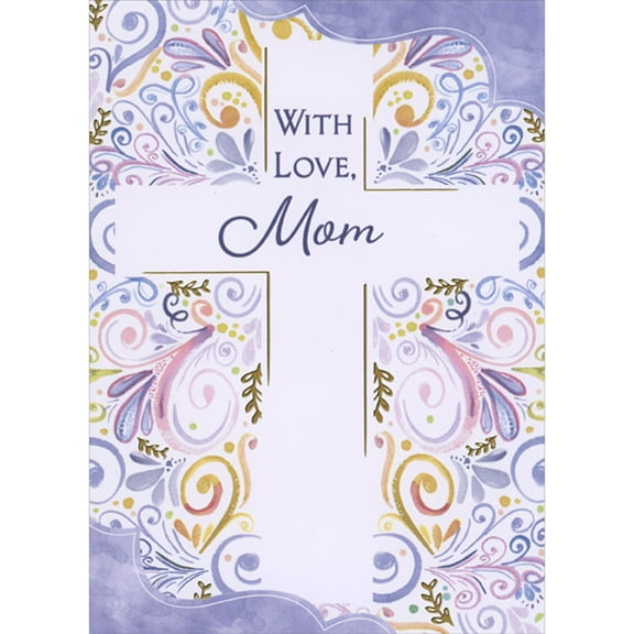 Designer Greetings White Cross with Thin Gold Foil Outlines Over Swirling Vines Religious Easter Card for Mom